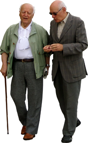 two older men walking. One with a stick
